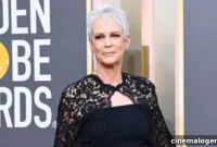 Jamie Lee Curtis Stuns in a Black Strapless Jumpsuit and Lace Cape at the 2023 Golden Globes