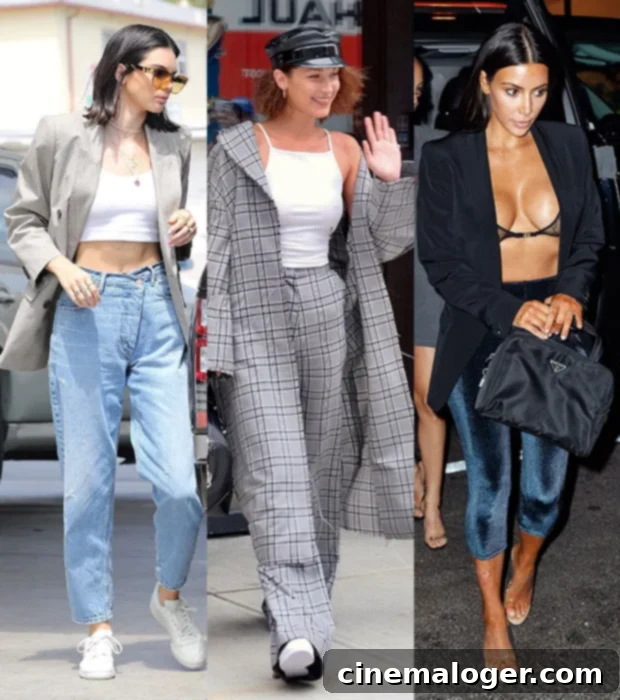 A woman in a stylish summer outfit featuring a light-colored blazer, denim shorts, and a white top, accessorized with sunglasses and a handbag.