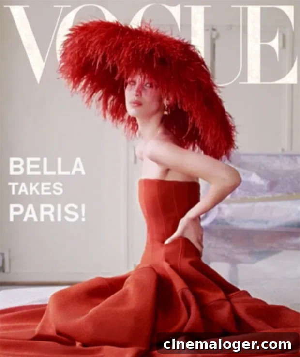 Bella Hadid Reimagines Audrey Hepburn in Striking Red for New Vogue Cover 3 Bella Hadid Red Dress Vogue Cover Audrey Hepburn