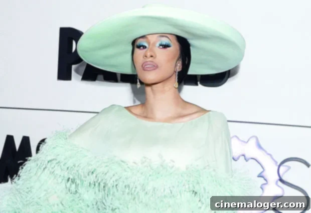 Eye-Catching Coordination: Stars' Eyeshadow and Vibrant Dress Pairings 2 Cardi B in a mint green dress with matching eyeshadow.