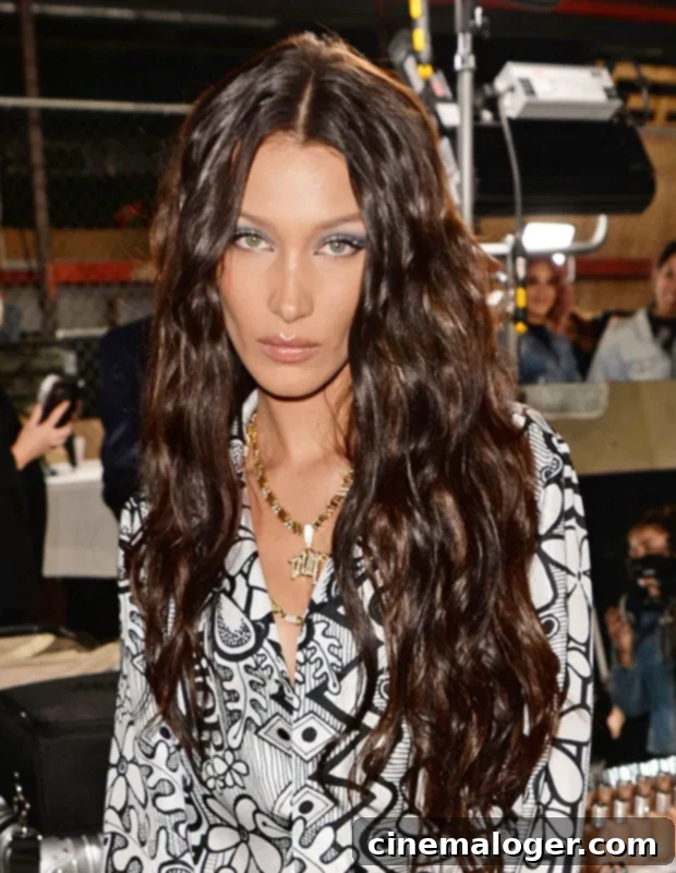 Bella Hadid's Stunning Hair Transformation: Long Curly Brown Hair at Dior 2 bella hadid