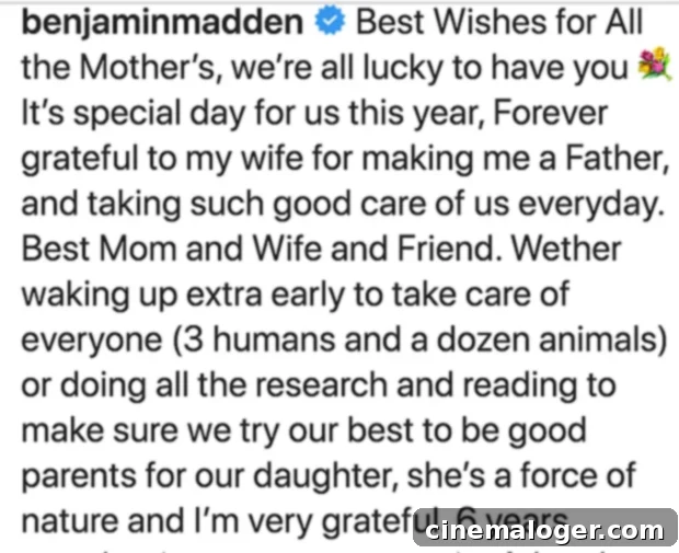 Benji Madden's heartfelt Instagram message on Mother's Day, May 10, 2020, celebrating Cameron Diaz as a mother.