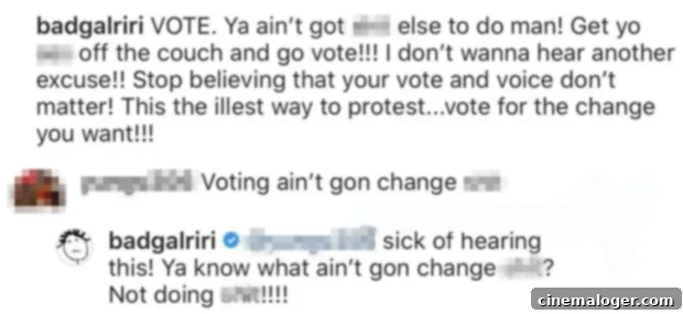 Rihanna Blasts Voting Skeptic 2 Rihanna encouraging fans to vote on Instagram, against a backdrop of ongoing protests.