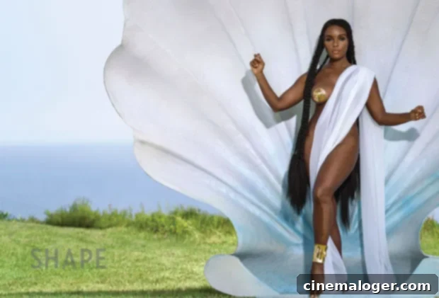 Janelle Monáe striking a goddess-like pose, draped in white fabric with gold accessories, standing in front of a giant scallop shell for Shape Magazine's September 2020 issue.
