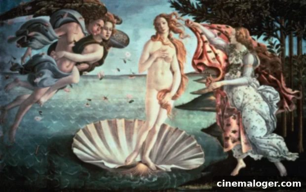 Sandro Botticelli's 'The Birth of Venus', depicting the goddess emerging from a scallop shell with Zephyr and Horae beside her.