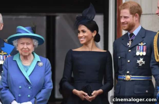 Harry & Meghan's Gushing Tribute to Queen's Legacy, From Their $14.7M Estate 2 Queen Elizabeth, Meghan Markle and Prince Harry celebrating Royal Air Force anniversary