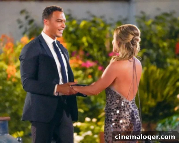 Clare Crawley's Glittering Silver Stunner Kicks Off Bachelorette Premiere 4 Clare Crawley interacting with suitor Dale Moss on The Bachelorette