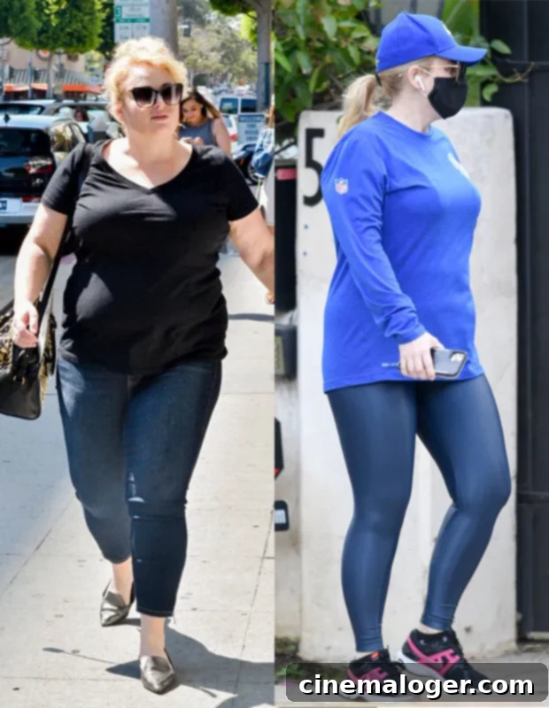 Rebel Wilson's 3,000-Calorie Confession: The Diet Before Her 40-Pound Weight Loss 2 Before and after pictures of Rebel Wilson's weight loss journey, showcasing her transformation.