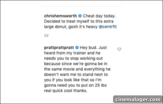 Chris Pratt Jokingly Implores Chris Hemsworth to Dial Down the Muscles for Thor 4 2 Chris Pratt Chris Hemsworth Instagram banter over fitness for Thor Love and Thunder