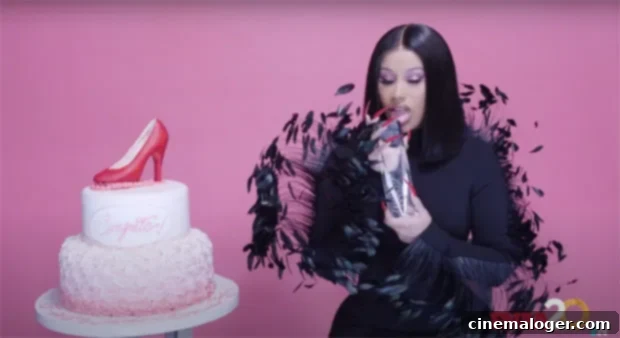 Cardi B's Iconic Award Lick in Feathered Elegance 2 Cardi B accepts her award, showing off her feathered black dress at the virtual Footwear News Achievement Awards 2020.