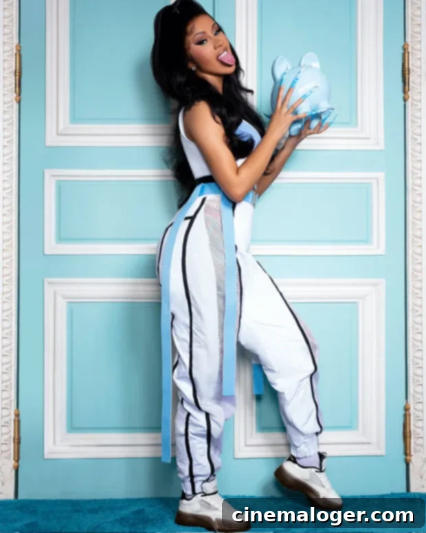 Cardi B's Iconic Award Lick in Feathered Elegance 4 Cardi B poses confidently in another stylish outfit, featuring sneakers from her Reebok collection.