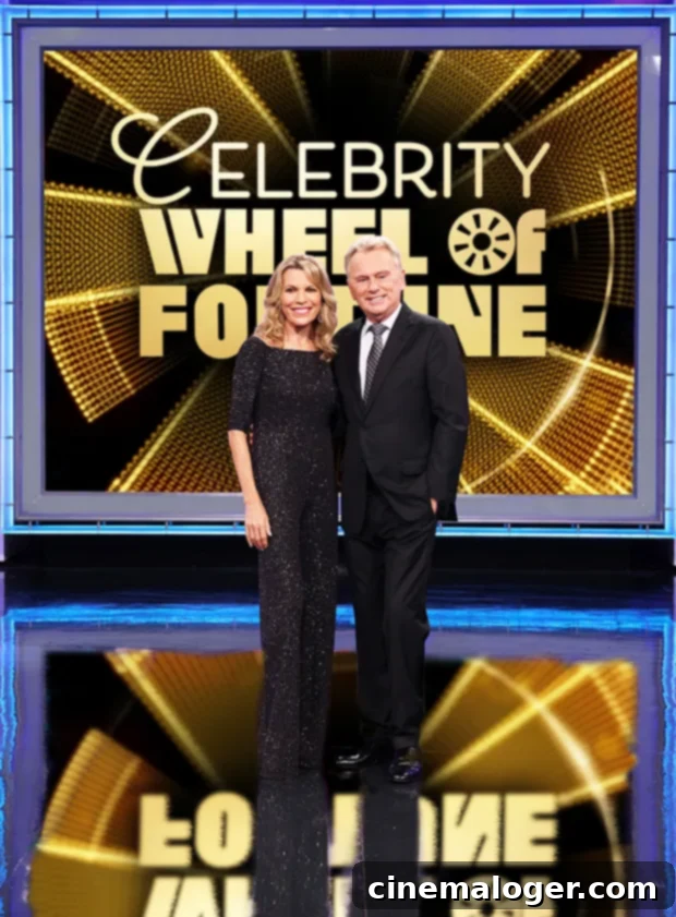 Vanna White's Timeless Glow: Her 38-Season Evolution 4 Vanna White and Pat Sajak co-hosting Celebrity Wheel of Fortune