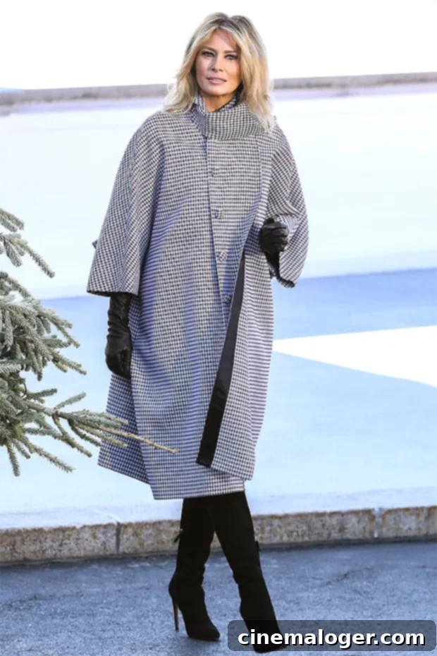 First Lady Melania Trump arrives to receive the White House Christmas tree.