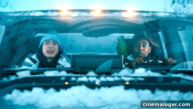 Awkwafina and Kenan Thompson sharing a laugh in GM's Super Bowl EV ad, promoting sustainable travel.
