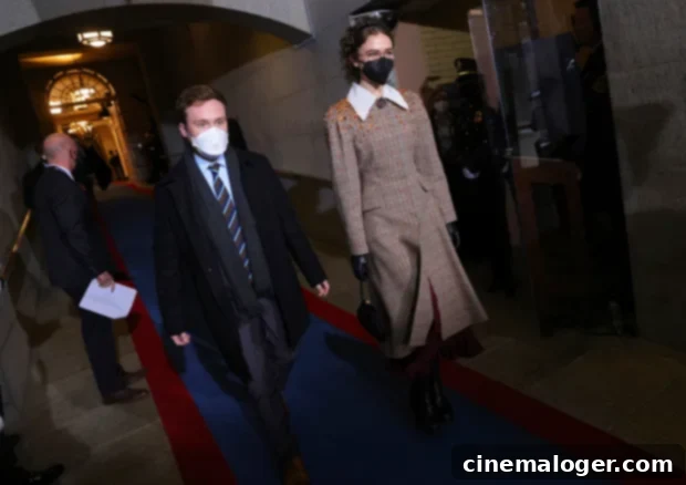 Ella Emhoff in her Miu Miu crystal embellished coat at the 2021 Presidential Inauguration.