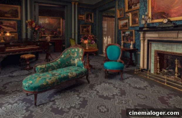 Dickinson'ın Sahne Arkası: Neil Patel, 2. Sezonun Göz Alıcı Parıltısını ve 3. Sezonun Karanlık Tonlarını Anlatıyor 3 The opulent interior of The Evergreens set for 'Dickinson' Season 2, showcasing the detailed production design.