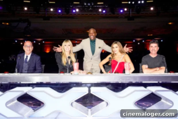 First Look: Simon Cowell Returns To Americas Got Talent Set Post-Surgery For Season 16 2 Simon Cowell, Sofia Vergara, Heidi Klum, Howie Mandel, and Terry Crews on the America's Got Talent Season 16 set.