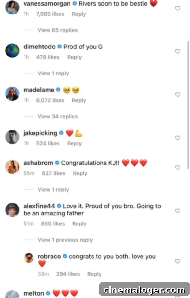 KJ Apa and Clara Berry Announce First Child, Share Baby Bump Reveal 3 Screenshot of Instagram comments from Riverdale cast members