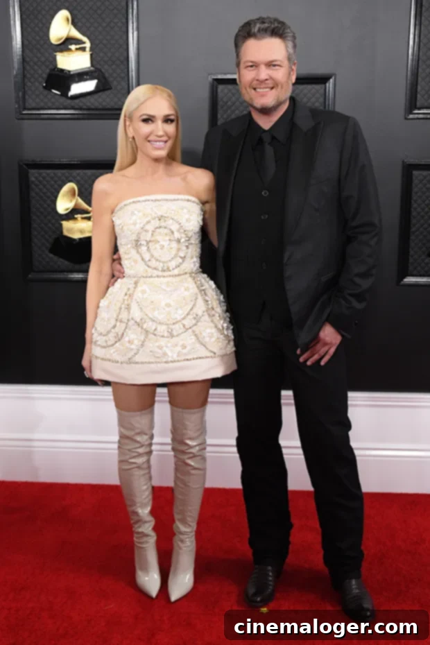 Gwen Stefani's Sons Suit Up For Her Big Day 2 Gwen Stefani and Blake Shelton smiling at the Grammy Awards