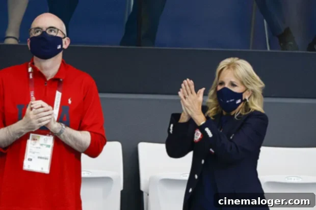 Jill Biden Rocks American Flag Tee for Team USA in Tokyo 2 Jill Biden cheering for Team USA at the Tokyo Olympics