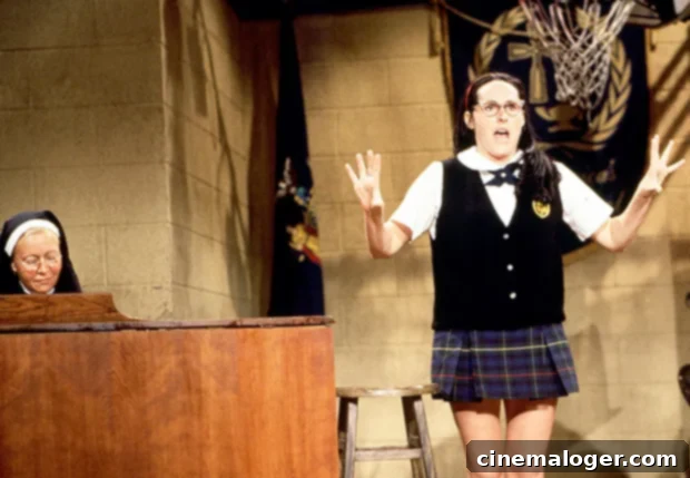 Molly Shannon as Mary Katherine Gallagher on SNL, holding a microphone with a determined but slightly anxious expression.