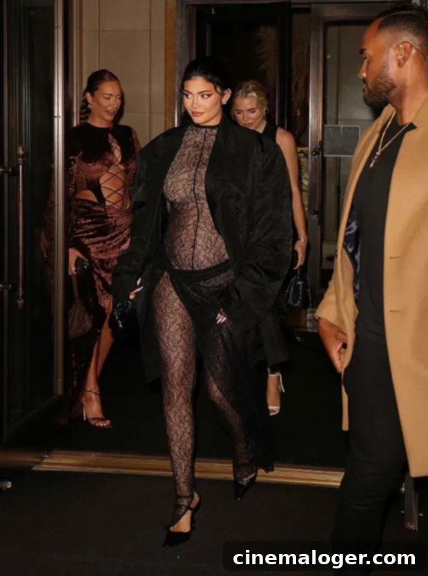 kylie jenner sheer lace maternity bodysuit new york fashion week