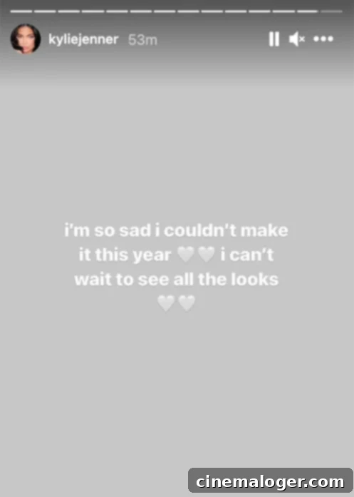 Pregnant Kylie Jenner Sits Out Met Gala, Revisits Iconic Looks 2 Kylie Jenner's Instagram Story announcing she will miss the Met Gala.