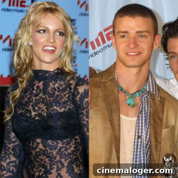 Britney Spears Reflects on Iconic 2001 VMAs PDA With Justin Timberlake 2 Britney Spears and Justin Timberlake share a moment backstage at the 2001 MTV Video Music Awards, smiling softly.