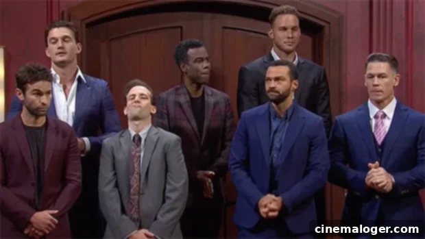 Kim Kardashian's Hilarious Dream Guy Search: Amy Schumer & Chris Rock Make The Cut 2 Kim Kardashian, as Rochelle, addresses her diverse group of celebrity suitors in 'The Dreamy Guy' Bachelorette spoof on SNL, featuring actors like Chase Crawford, John Cena, and Jesse Williams.