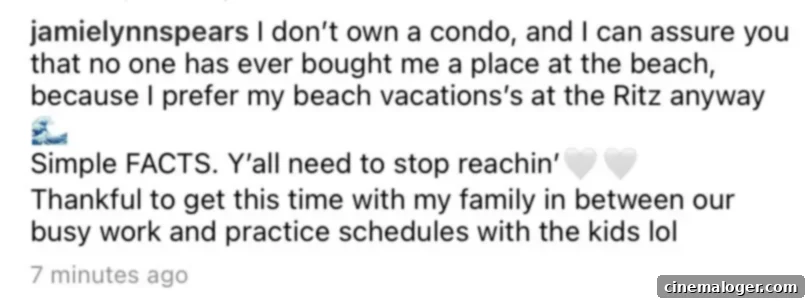 Britney & Jamie Lynn: A Timeline of Their Strained Sisterhood 6 Jamie Lynn’s original caption referencing rumors that she had vacationed at a condo owned by her sister.
