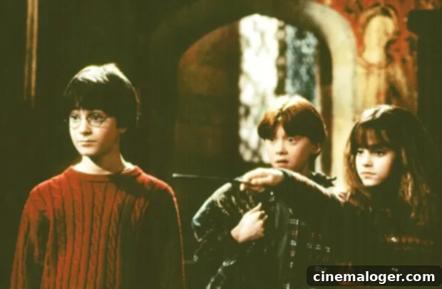 Chris Columbus: Sorcerers Stone VFX Rerelease and Marauders Film Outlook 3 Daniel Radcliffe, Rupert Grint, Emma Watson in the first Harry Potter film.