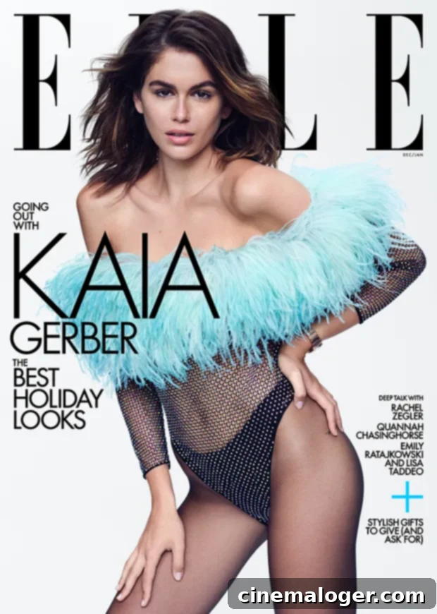 Kaia Gerber's Post-Split Power Play: Daring Mesh Bodysuit Graces ELLE Cover 2  Kaia Gerber in a see-through crystal dress for ELLE magazine