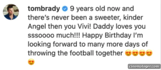 Tom Brady and Gisele Bundchen Celebrate Daughter Vivian's 9th Birthday with a 'Daddy Loves You' Message 2 Tom Brady shares a heartfelt Instagram birthday message for his daughter Vivian Lake Brady, showing a photo of them throwing a football together.