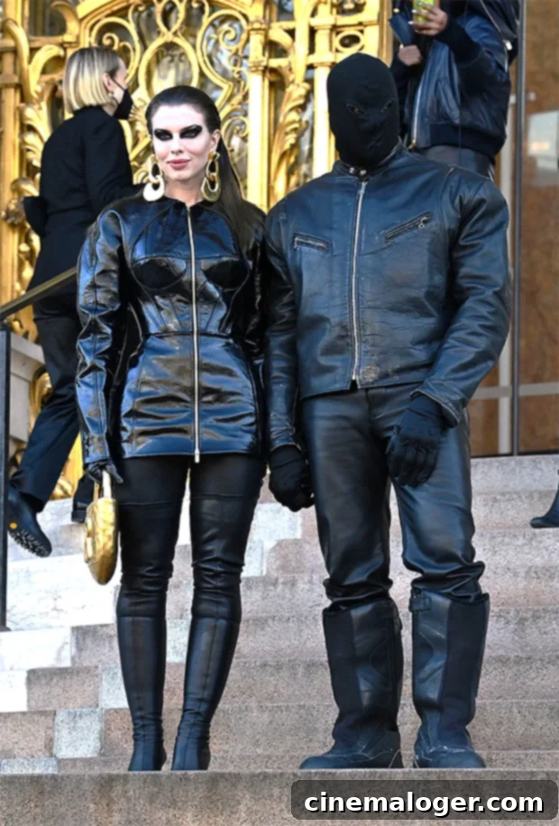 Kanye West and Julia Fox's Unified Leather Front in Paris 2 Kanye West and Julia Fox arrive at the Schiaparelli show during Paris Fashion Week.