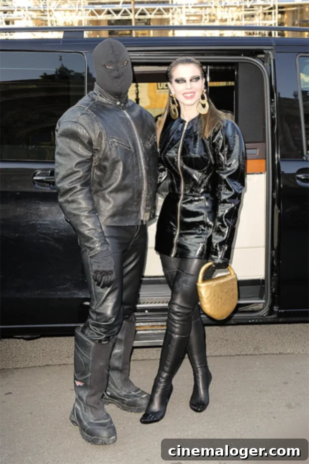 Kanye West and Julia Fox's Unified Leather Front in Paris 4 Julia Fox's striking eye makeup at Paris Fashion Week.