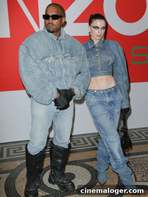 Kanye West Gets Touchy-Feely With Julia Fox at Her 32nd Birthday Bash 2 Kanye West and Julia Fox in matching denim outfits in Paris.