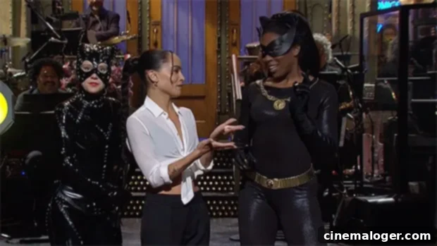 Catwomen Kate McKinnon and Ego Nwodim Crash Zoe Kravitz SNL Monologue 2 zoe kravitz ego nwodim