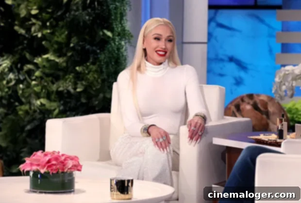 Gwen Stefani Dazzles in White on Ellen, Reveals Blake Shelton Details 2 Gwen Stefani looking beautiful in an all-white outfit during her interview on 'Ellen'.