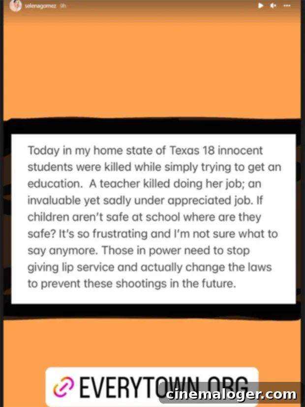 Selena Gomez Texas Shooting Heartbreak Leaves Her Speechless 2 Selena Gomez's Instagram post reacting to the Uvalde school shooting.