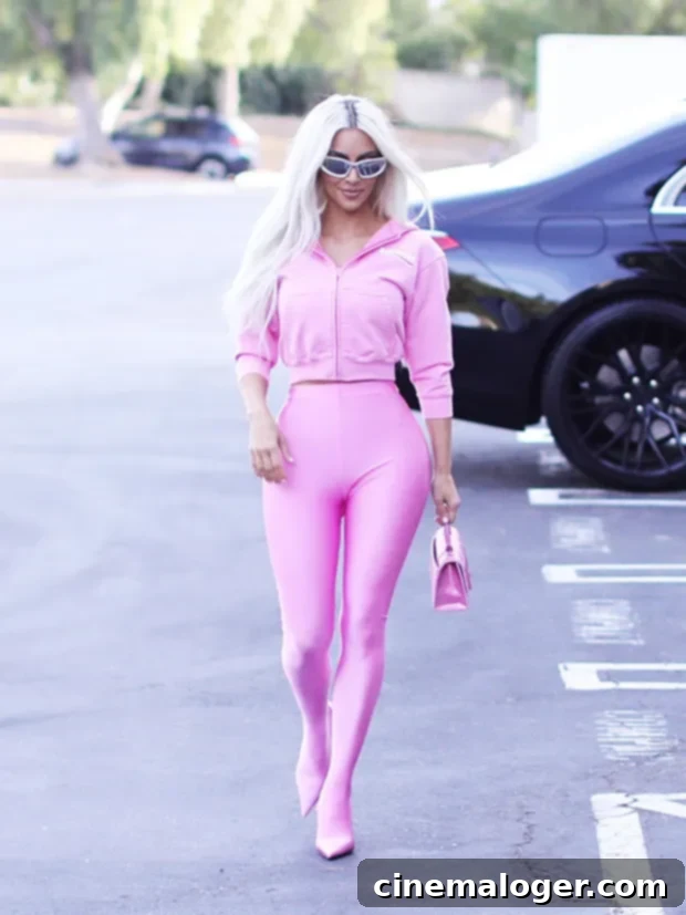 Kim Kardashian's Balenciaga Pants: Three Days Different Hues 2 Kim Kardashian in a full pink Balenciaga Pantashoes outfit with a cropped hoodie, sparkly bag, and cat-eye sunglasses.