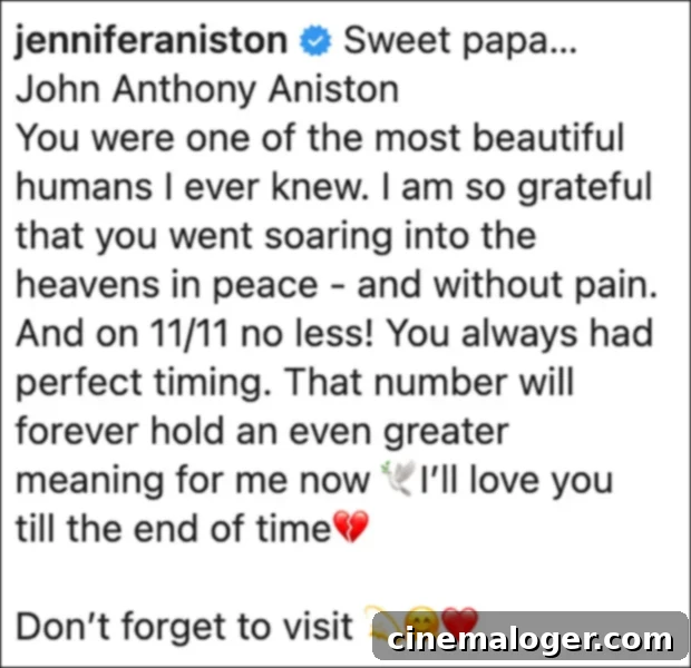 Jennifer Aniston Remembers Father John, 89, with Enduring Love 2 Jennifer Aniston shares a tribute to her father, John Aniston, on Instagram, featuring a series of personal photos.