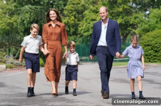 Cambridge Children George, Charlotte, Louis Make School Day Debut in New Photos 2 Prince George, Princess Charlotte, Prince Louis walking with parents Prince William and Kate Middleton on first day of Lambrook School