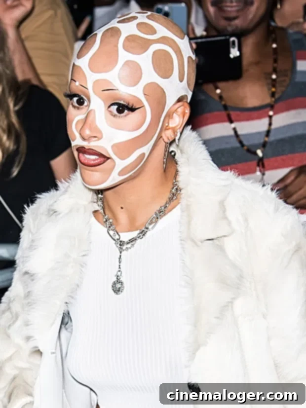 Doja Cat's White Paint Masterpiece Steals NYFW Spotlight 3 Doja Cat posing in her white outfit at Vogue World: New York Fashion Week.