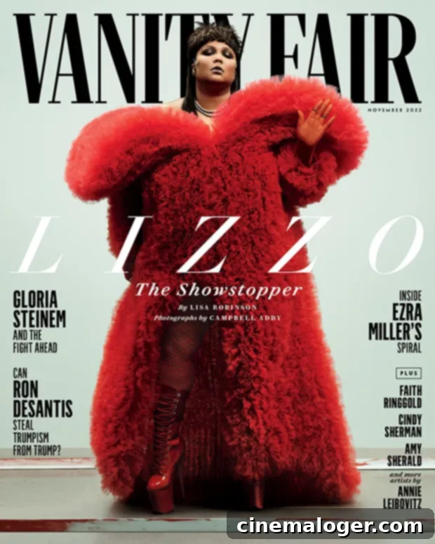 Lizzo Commands Vanity Fair Cover in Fiery Red Ruffles, High Slit, and Fishnets 2 lizzo