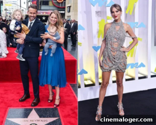 Taylor Swift: Just 'Aunt' to Reynolds-Lively Kids, Her Superstardom Undetected 2 Taylor Swift performing on stage, while Ryan Reynolds and Blake Lively pose for a photo.