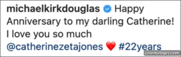 Michael Douglas Pens Sweet Tribute to 'Darling' Catherine Zeta Jones for 22nd Anniversary 3 Michael Douglas's sweet Instagram message celebrating 22 years of marriage to Catherine Zeta-Jones