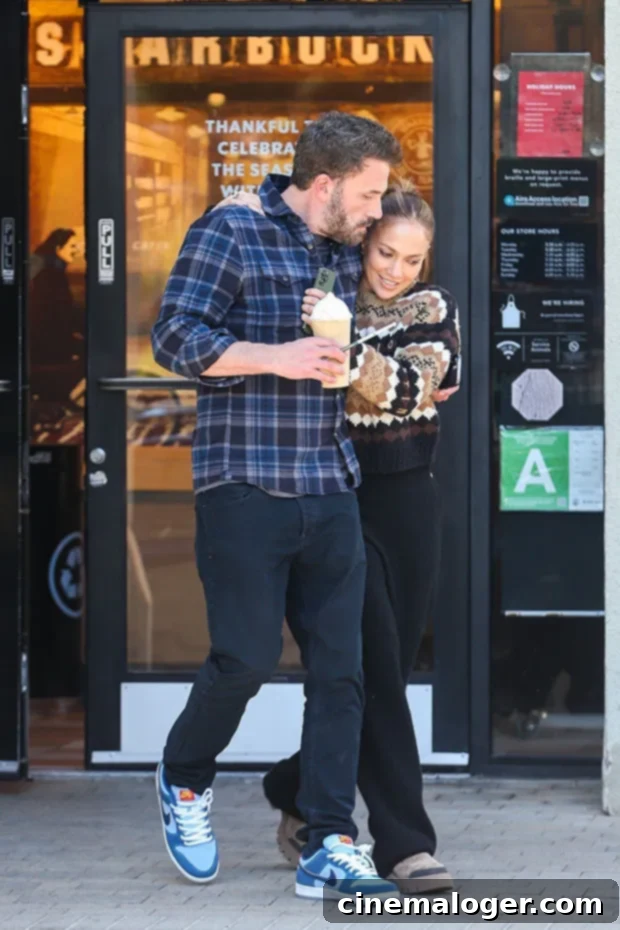 Ben Affleck Keeps Jennifer Lopez Close On Sweet Starbucks Date 2 Jennifer Lopez and Ben Affleck share a loving embrace after leaving Starbucks in Santa Monica, California. Ben is holding his Frappuccino, while J.Lo smiles brightly.
