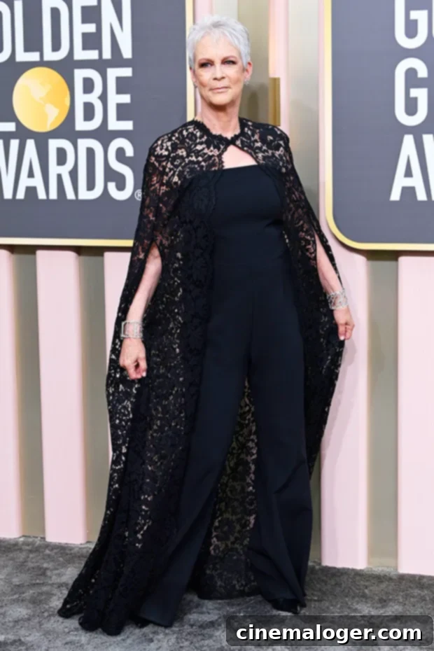 Jamie Lee Curtis Stuns in a Black Strapless Jumpsuit and Lace Cape at the 2023 Golden Globes 2 Jamie Lee Curtis at 2023 Golden Globes
