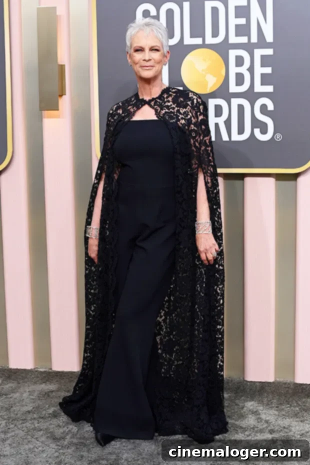 Jamie Lee Curtis Stuns in a Black Strapless Jumpsuit and Lace Cape at the 2023 Golden Globes 3 Jamie Lee Curtis At 2023 Golden Globes