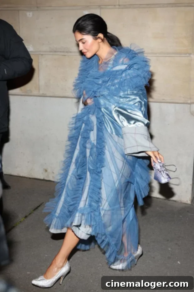 Kylie Jenner's Parisian Blue Tulle Triumph After Son Aire's First Glimpse 2 Kylie Jenner in a blue tulle jacket and latex at Paris Fashion Week